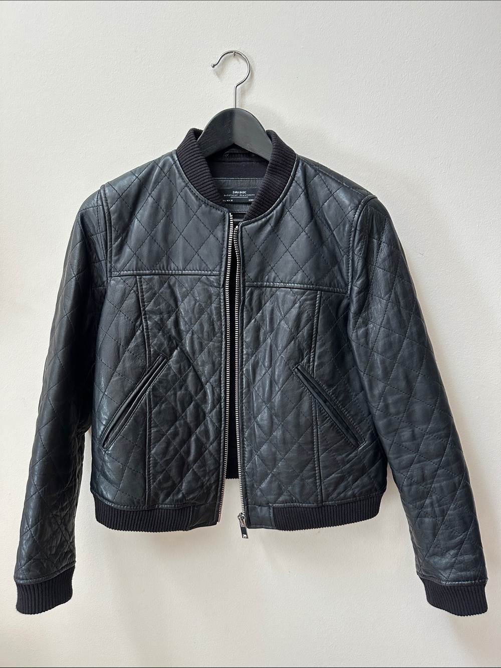 NWOT Zara Black Leather Quilted Bomber Jacket